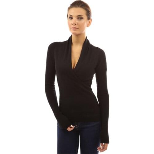 2017 EU Autumn And Winter New Womens Pure Color Deep V Collar Slim Was Thin Temperament Long-sleeved Shirt T-shirt Female