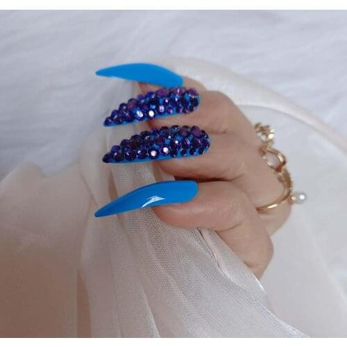 24pcs fashion design candy color long pointed fake nails Crystal diamond blue J1977-1