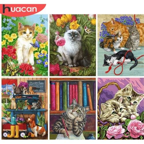 HUACAN 5d Diamond Painting Cat DIY Mosaic Flower Full Square Diamond Embroidery Animal Home Decor Needlework