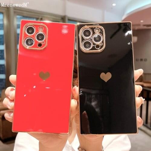 Square Gold Electroplated Love Heart Phone Case For iPhone 11 12 Pro Mini Max X XS XR 7 8 Plus SE2 Bumper Shockproof Soft Cover