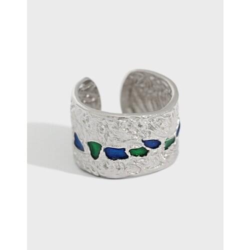 Authentic S925 Sterling Silver FINE Jewelry Heavy Irregular Texture Blue Enamel Long Ring Wider Resiable C-388