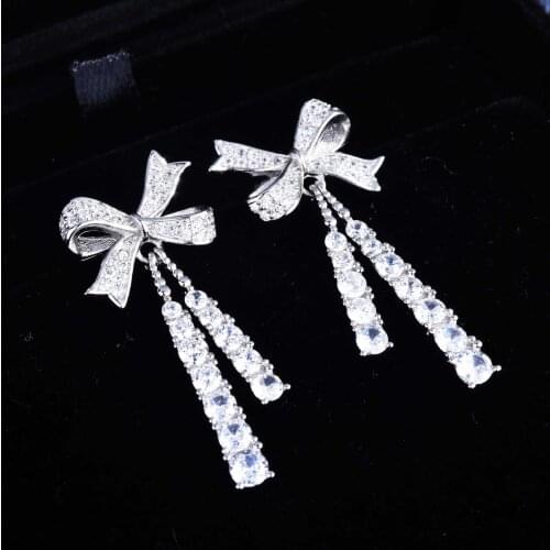 Long Dangle Drop Earrings Shiny bow Bridal Wedding Wedding Jewelry for Women sterling silver 925 earrings aretes de mujer