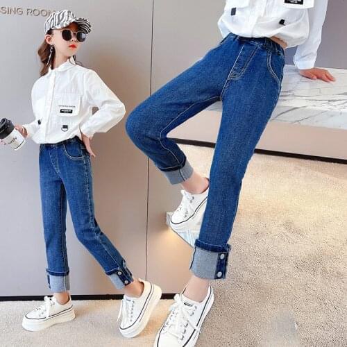 Jeans for Girls Elastic Waist Straight-leg Jeans Spring Autumn Kids Pants Blue Fashion Stretch Children Trousers 12 13 14 Years