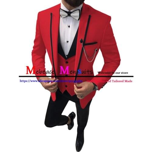 Red Men Suits Slim Fit Groom Wear Custom Made Prom Tuxedos 2021 Fashion Groomsman Cloths Set 3 Pieces（ Jacket +Vest +Pant