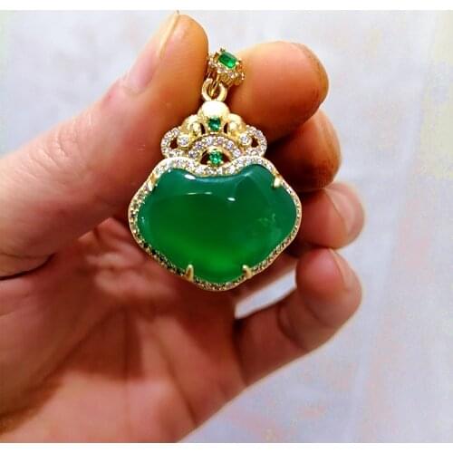 Natural Green Chalcedony 925 Silver Inlaid Ruyi Lock Pendant Fashion Boutique Jewelry Men and Womens Green Agate Necklace