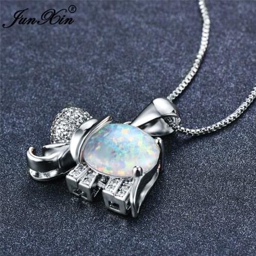 Cute Female Elephant Animal Pendant Necklace Fashion silver color White Fire Opal Necklaces For Women Boho Chain Necklace