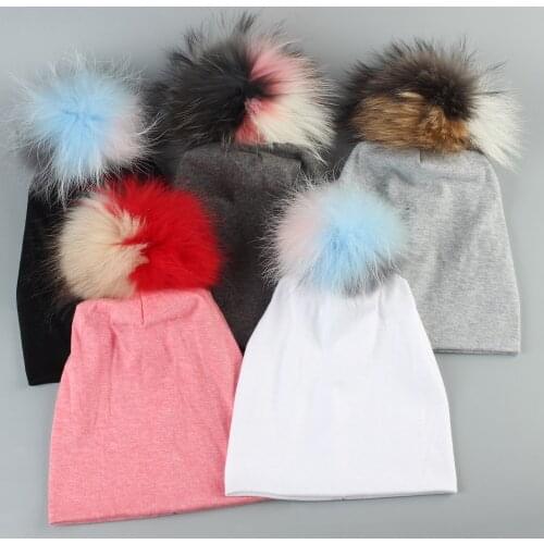 Newborn Brand New Kids Beanie Hat with Pompom Spring Fashion 3 Tone Colors Raccoon Fur Pompom Slouchy Beanies for Girls