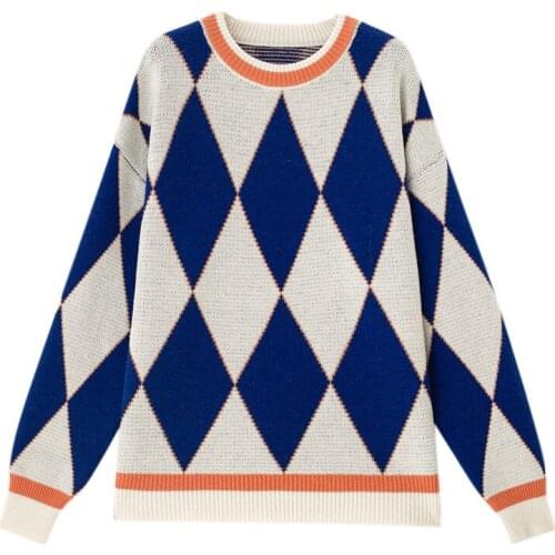 2021 New Korea retro diamond sweater women wear autumn winter new loose languid lazy wind sweater jacket