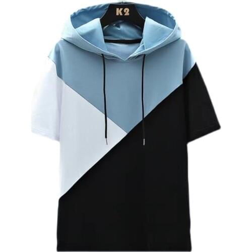 2021 Summer New Mens T-shirts Hip hop Hoodie Casual short sleeve Stitching Style Distribution O-Neck Hooded Sweatshirt T-shirt