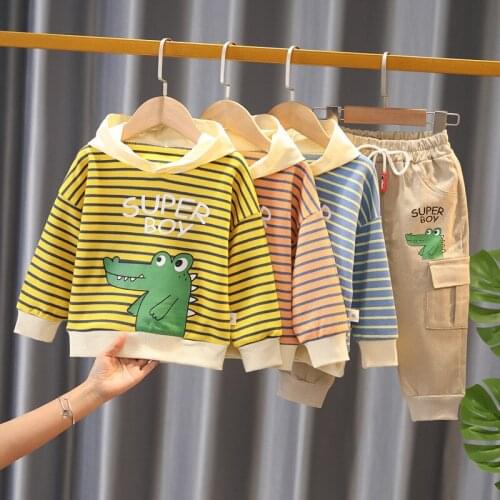 New Spring Autumn Toddler Boys Cute Cartoon Dinosaur Clothing Sets Kids Striped Hooded+Tooling Pants Baby Girls Fashion Outfits