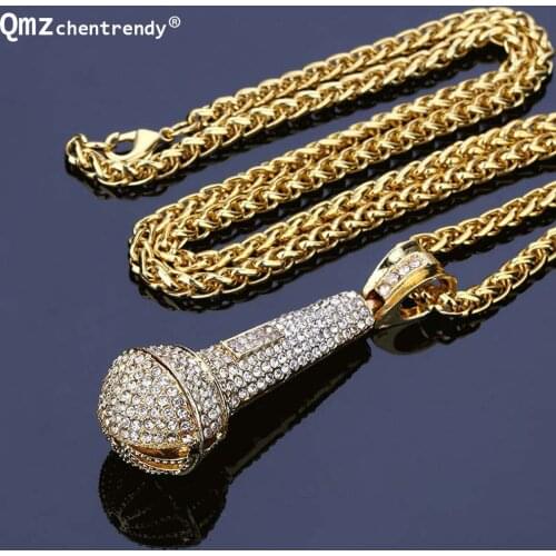 Hip hop Punk DJ NightClub Microphone Pendant Necklace Men Women Bling Full Iced Out Gold Twisted Chain Necklaces Male Jewelry
