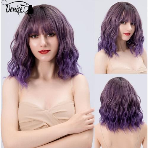 Medium Purple Wave Ombre Daily Hair Synthetic Wig With Bangs For White Women Nutural Cosplay Female Heat Resistant Fiber Wigs