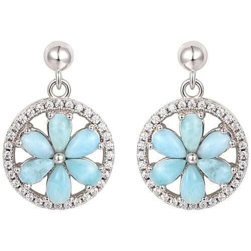 Retro Flower Natural Precious Larimar Earrings for Women 2021 Fashion Charm 925 Sterling Silver Jewelry Gift Classic