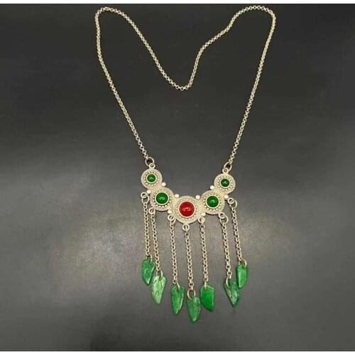 Han suit matching Miao Silver Pendant Necklace, Red emerald agate sweater chain personality Pendant