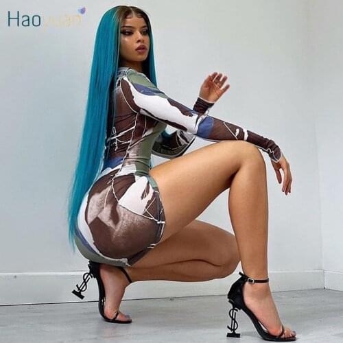 HAOYUAN Sexy Tie Dye Bodycon Mini Dress for Women Fall Outfits Long Sleeve Tops Birthday Party Y2k Clothing Night Club Dresses