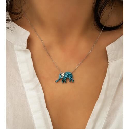 Elika Silver Elephant Figured Pattern Turquoise Gemstone 925 Sterling Silver Necklace