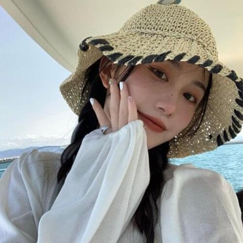 Straw Hat Female Sun Protection Sunshade Beach Seaside Big Brim Korean Holiday Travel Fresh All-Matching Splicing Sun Hat Gorros