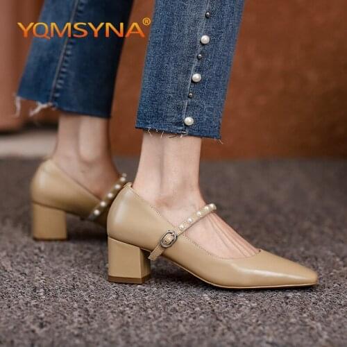 YQMSY Fashion Womens Pumps Genuine Leather Large Size 34-43 Square Heel Square Toe Mary Janes Shoes Buckle Pearl Shoes AS236
