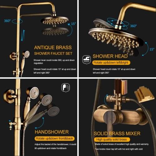 Vidric Vidric 8" Rainfall Antique Brass Shower Faucets Wall Mounted Bath Shower System Hot Cold Water Mixer Tap Bathtub Shower F