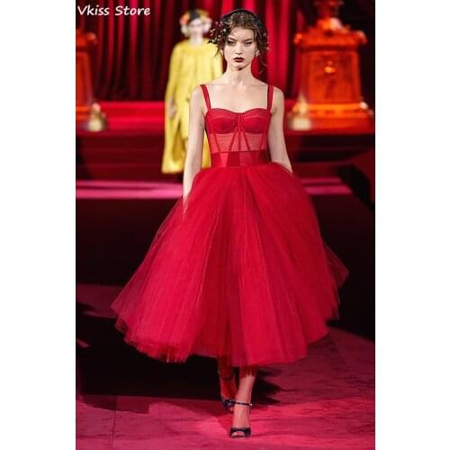 Vkiss Red Evening Dress For Cocktail Party Gown A-line Spaghetti Straps Tea-length Tulle Simple Prom Dress вечернее платье