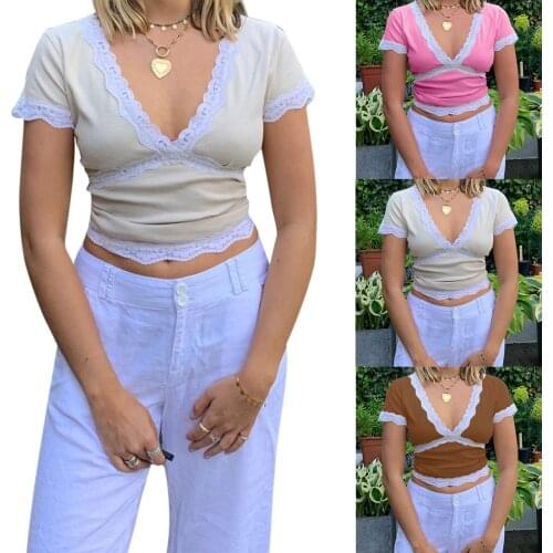 Summer Casual Slim T-Shirt Women Ladies Wild Short Sleeve Lace Trim Decorations Deep V-neck Crop Top Daily Wear Shirt Top