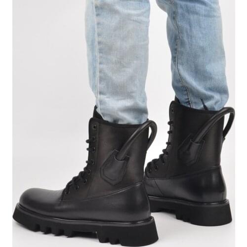 Genuine Leather Army Boots Thick Heels Lace Up Womens Boots Round Toe Portable Shoes Platform Shoes Flat Women Ankle Boots New