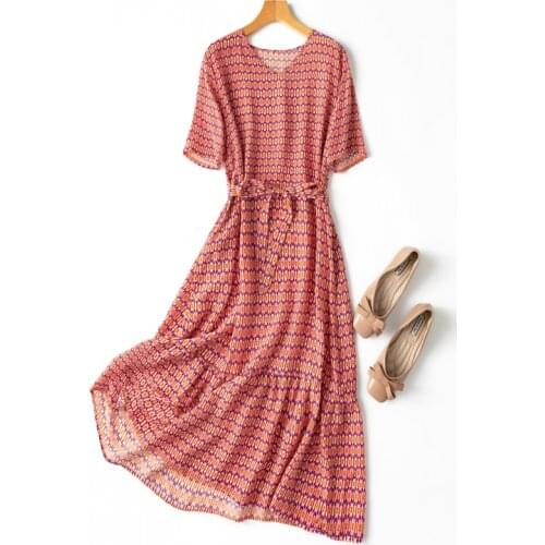 Womens 100% Silk luxury Fashion Heavy Long Dress Half Sleeve Elegant V-Neck Fashion Pink POP One Size L1198