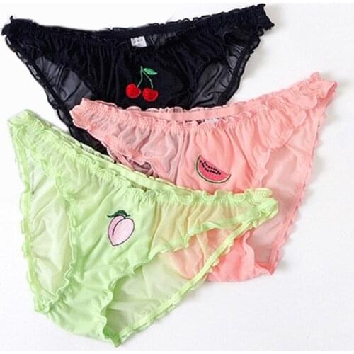 Women Sexy Lace Lingerie Temptation Low-waist Panties Fruit Ins Embroidery Transparent Briefs Seamless Sweet Underwear