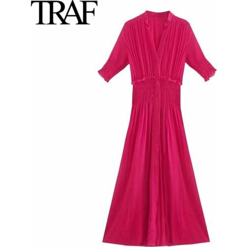 Traf Za Women Clothing Stretch Waistband Red Dress Summer V-neck MIDI Big Shirt Dress Evening Female Robe Vestidos Mujer