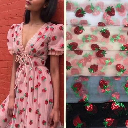 100*150cm Strawberry Tulle Mesh Lace Sweet Strawberry Sequin Embroidered Fabric For Diy Dress Childrens Yarn Skirt Fabric