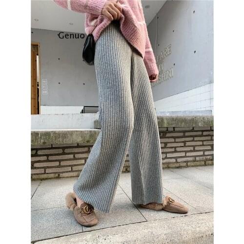 Elastic Waist Lace-Up Women Knitted Wide Leg Pants Autumn Winter Loose Female Sweater Pants Drawstring Trousers