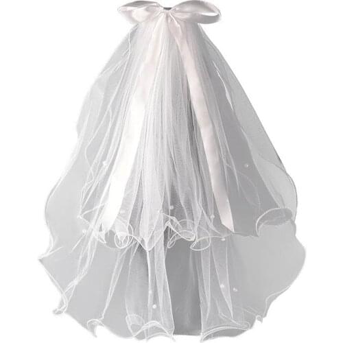 Kid Halloween Queen Cos Accessory Light Luxury Bowknot Wedding Veil Head Dress Princess Curling Pearl Headdress Two Layer 80cm
