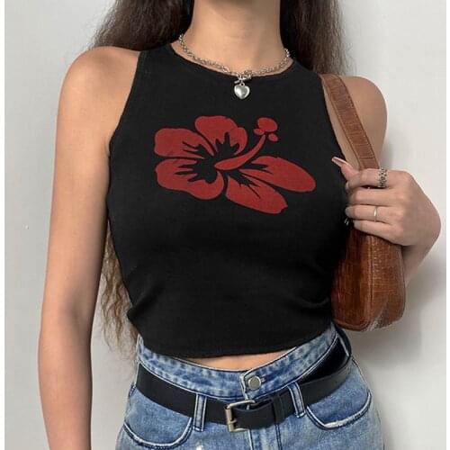 Summer Floral Tank Tops Y2k Aesthetic Tshirt Women Vintage Seeveless O Neck Black Crop Top Contrast Harajuku Woman T-shirts