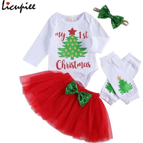 Girls' Five Piece Set Christmas Tree Long Sleeve Top Short Yarn Skirt for Baby Sparkle Bow Hairband Stockings Cover 0-12 Months