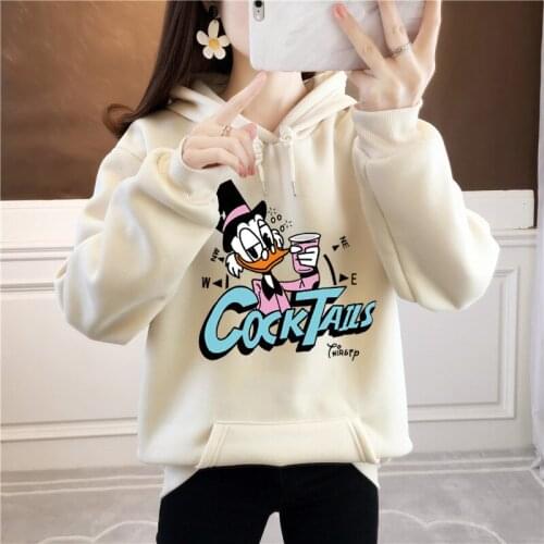 Disney woman Donald Duck autumn and winter Korean hooded sweater cartoon print casual loose plus velvet thickened girls hoodie