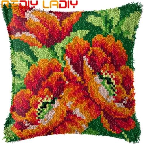Latch Hook Cushion Red Poppies Pre-Printed Canvas Cushion Front Acrylic Yarn Crochet Pillow Case Kit Sofa Bed Pillows Home Decor