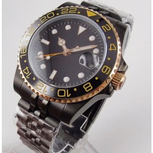 BLIGER Mechanial Nologo Male Wristwatch Sapphire Glass Jubilee Band GMT Date Ceramic Bezel