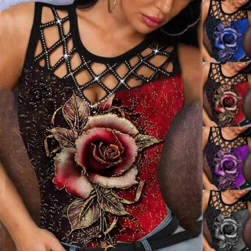 Sexy Women Vest Tops 3D Rose Print Hollow Out O Neck Summer Female Tanks Top Sleeveless Office Lady Camisole Plus Size