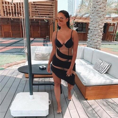 Spaghetti Strap Dress Women black Transparent Mesh Patchwork Mesh Dress Ladies Summer Sexy Club Dresses Vestidos