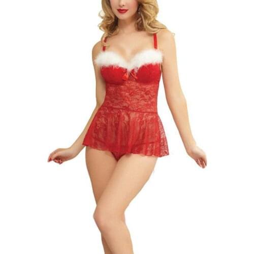 Christmas sexy lingerie white furry Christmas clothes red lace perspective sexy pajamas