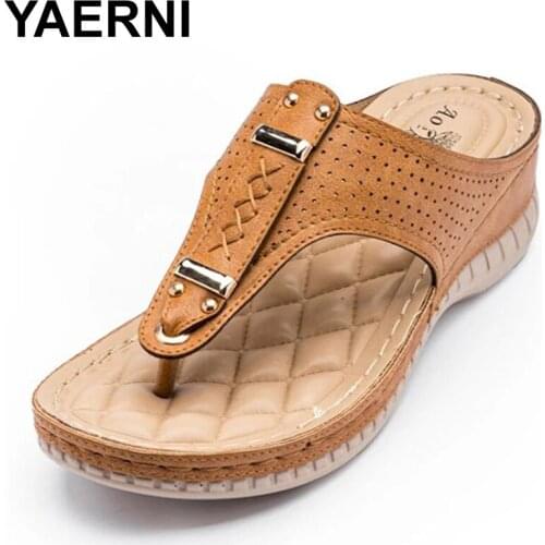 YAERNI New Summer Women Slippers Metal Decoration Slides Shoes Wedge Beach Sandals Female Outside Platform Leisure Flip Flop