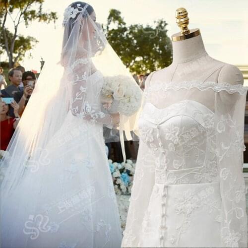 Junoesque A-Line Wedding Dress Refinement Lace Appliqued Boat-Neck Long Sleeve Plus Size Bridal Dress Wedding Gowns Real Photo