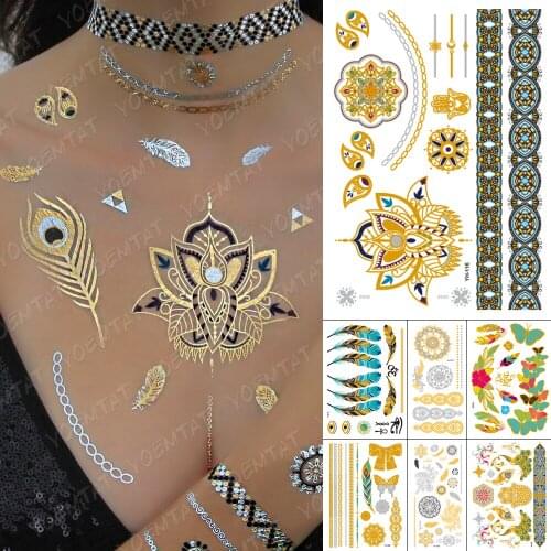 Waterproof Temporary Tattoo Sticker Lotus Henna Mandala Feathers Gold Metallic Flash Tatoo Boho Flower Jewelry Glitter Body Art