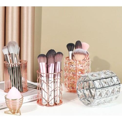 Iron Hollow Makeup Brush Holder Pen Holder Storage Box Home Office Storage Beauty Egg Shelf Crystal Diamond Makeup Organizer