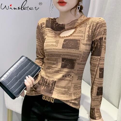 Spring Fall European Clothes Hole T-Shirt Fashion Sexy Print Hollow Out Women Tops Long Sleeve Tees All Match New 2021 T18714A