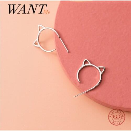 WANTME Real 925 Sterling Silver Romantic Cute Cat Kitten Stud Earrings for Women Teen Party Fashion Korean Jewelry Accessories