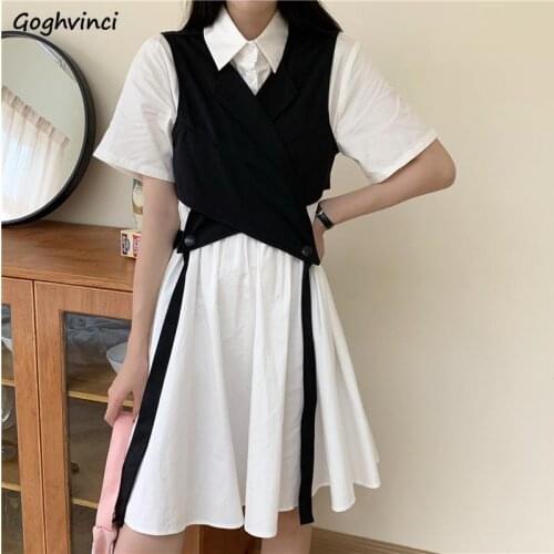 Women Sets Short Sleeve Dress Turn-down Collar Pleated Solid Design Vest Retro Korean Style Casual 2 Pecs Streetwear Chic Simple