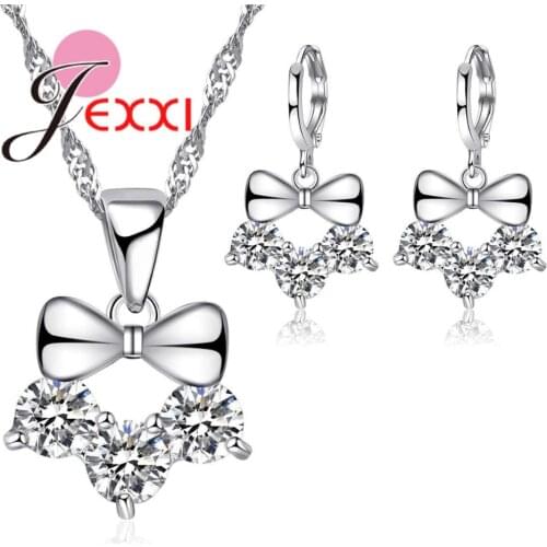 Fashion 925 Sterling Silver Pendant Necklace Romantic Wedding Jewlery Sets For Women CZ Crystal Bowknot Hoop Earring