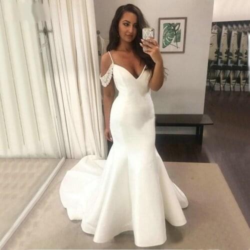 Simple Mermaid Wedding Dress Long Sexy V Neck Satin Custom Off Shoulder Spaghetti Straps Wedding Gowns Sweep Train Bride Dresses