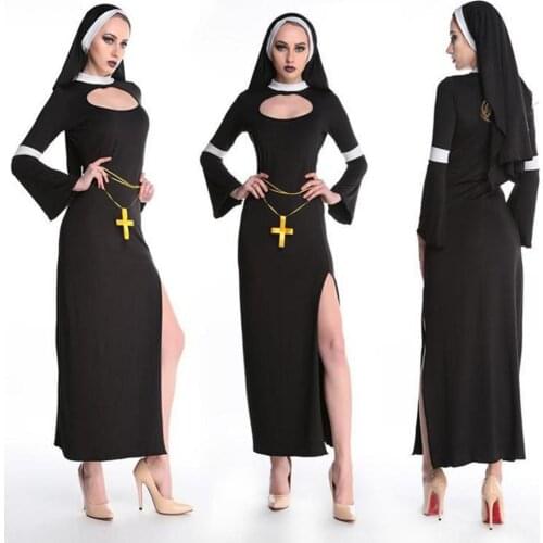 50% Hot Sales Halloween Sexy Nun Women Adult Long Sleeves High Split Party Cosplay Fancy Dress